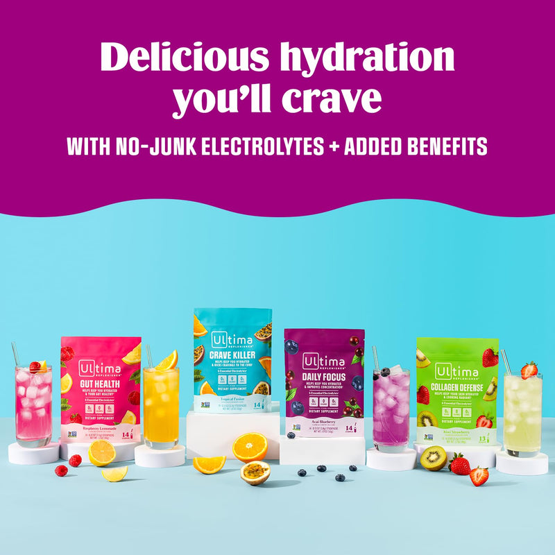Ultima Replenisher Collagen Defense, Kiwi Strawberry, 13 Stickpacks | Daily Zero Sugar Supplement & Electrolyte Powder Hydration Packets with 6 Key Electrolytes, Dermaval & Biotin for Skin Health