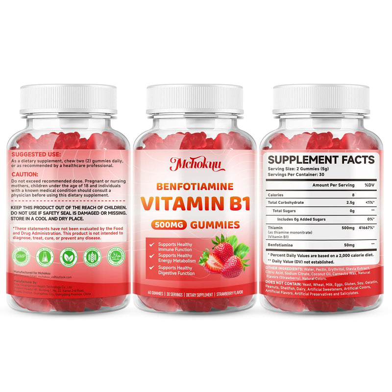 Vitamin B1 Gummies 500mg with Benfotiamine – Thiamine Supplement for Women & Men Supports Healthy Energy Metabolism & Immune, Sugar-Free | Vegan | Non-GMO, Natural Strawberry Flavor, 60 Count 60 Count (Pack of 1)