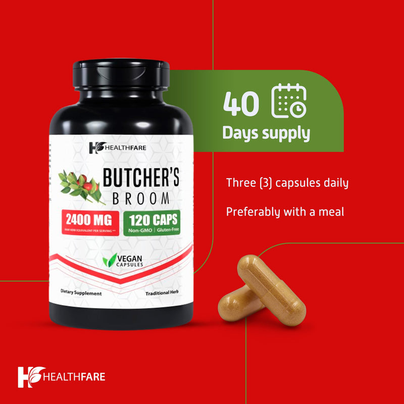 Healthfare Butcher’s Broom Capsules 2400mg | 120 Veg Capsules | Premium Herbal Formula | Non-GMO | Gluten-Free (Pack of 2) 120 Count (Pack of 2)