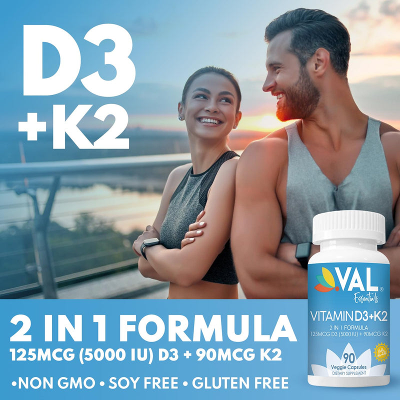VAL Vitamin D3 + K2 (MK-7) 5000 IU & 90 mcg – Bone & Heart Health Support – High Potency, Non-GMO, Easy to Swallow – 90 Vegan Capsules – D3 K2 Supplement Made in USA 90 Count (Pack of 1)