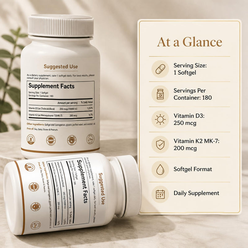 Vitamin D3 10000 IU K2 MK-7 200mcg 2-in-1 Formula | Cold-Pressed Virgin Coconut Oil Softgels, Extra Strength, Easy to Swallow, Gluten Free, 180ct 6 Month Supply