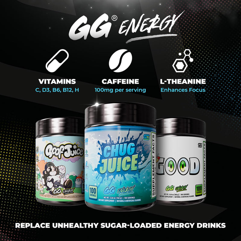 Gamer Supps GG Energy - Chug Juice by LazarBeam (100 Servings) - Keto Friendly Gaming Energy and Nootropic Blend, Sugar Free + Caffeine + Vitamins + Immune Support, Powder Drink