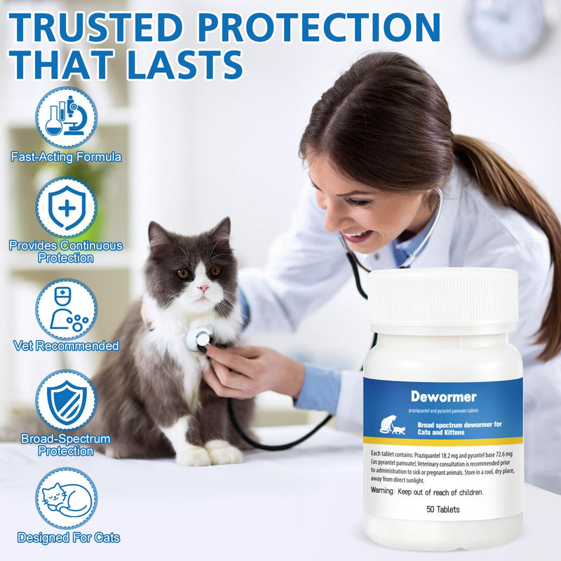 Cats & Kittens Broad-Spectrum Dewormer, 50 Tablets, for Tapeworms, Hookworms & Roundworms