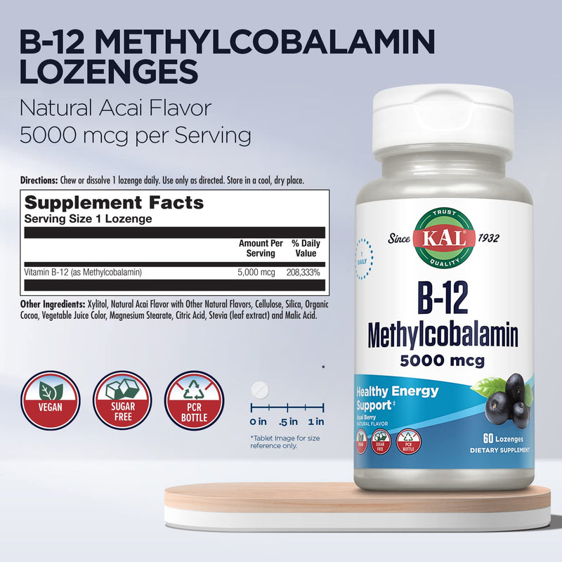 KAL Vitamin B-12 Methylcobalamin Lozenges 5000mcg, Healthy Energy, Metabolism, Nerve & Red Blood Cell Support,* Optimal Absorption, Natural Acai Flavor, Vegan, Sugar Free, 60 Servings, 60 Lozenges Acai Berry 60 Count (Pack of 1)