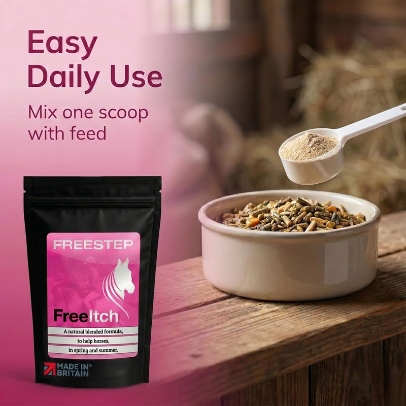 FreeItch | Horse Supplement for Summer Skin Maintenance | Burdock Root & Bromelain Powder | Soothing Support for Itchy Horses | Midge Sensitive Formula | Molasses-Free Itch Supplement 250g | 1 Month Supply