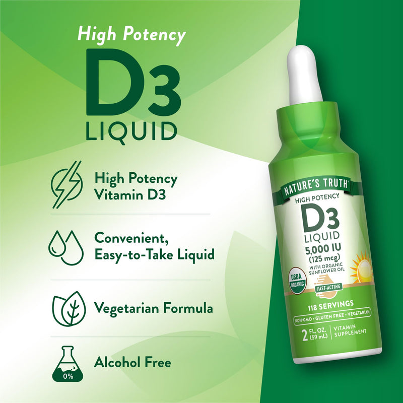 Nature's Truth Vitamin D3 Liquid | 5000 IU | 2 fl oz | Non-GMO and Gluten Free Supplement
