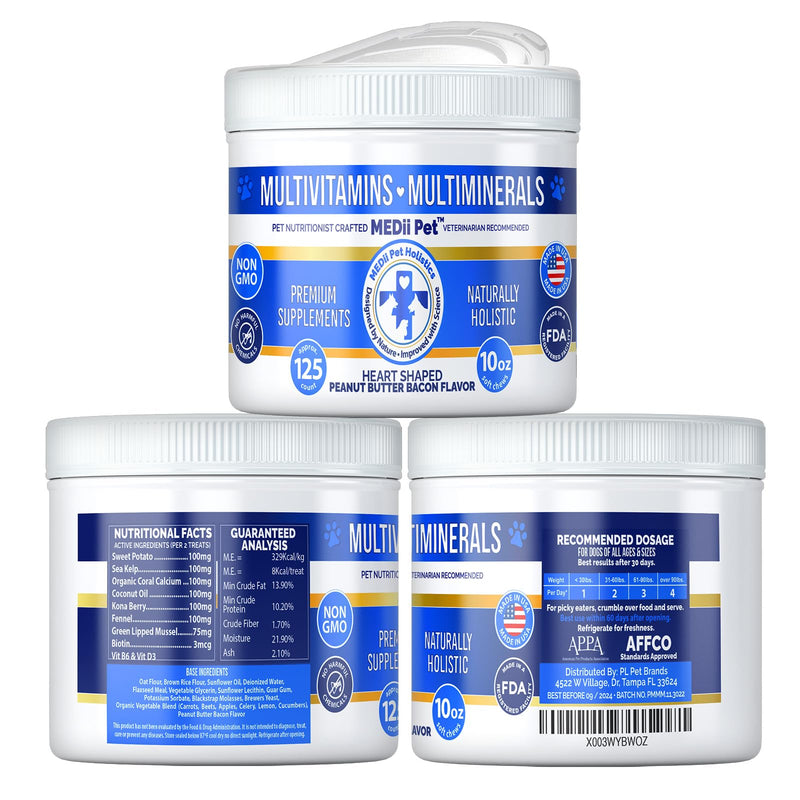 Best Dog Multi Vitamins Multi Supplements + 74 Organic Minerials. Natural, Organic, Holistic Benefits in a Soft nutrional chew. Vegan Bacon Peanut Butter Flavor. Value Pop Top Jar. - PawsPlanet Australia