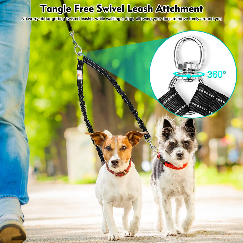 2 Dog Leash, 360° Swivel No Tangle Double Dog Walking & Training Leash, Comfortable Shock Absorbing Reflective Bungee Lead Walk 2 Dogs with Ease for 30-150lbs dogs Black - BeesActive Australia