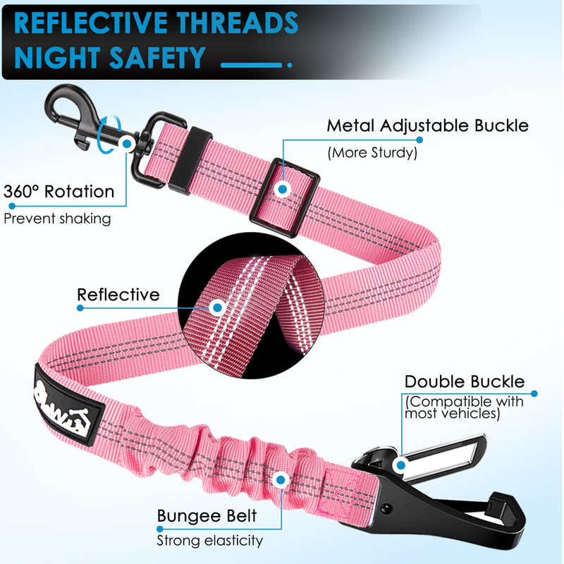 Lukovee Dog Seatbelt Leash for Cars, 2 Pack Pet Safety Car Seat Belt with Adjustable Buckle & Reflective Bungee, Connect Dog Harness in Vehicle Car Dogs Restraint Travel Daily Use (Pink) A-Pink A- Headrest with Clip + 2 in 1 Seat Belt - BeesActive Australia