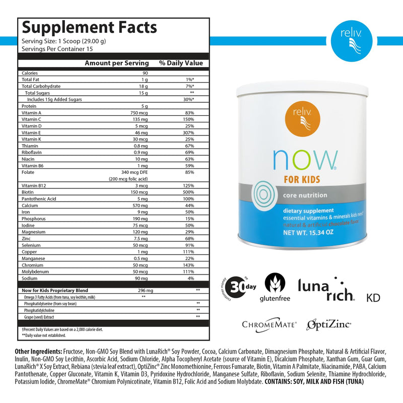 RELIV - Now for Kids Chocolate Nutritional Shake - 15 Servings | Essential Vitamins And Minerals, Provides Protein, Supports Daily Nutrition For Kids, Chocolate Flavor, Easy To Mix,