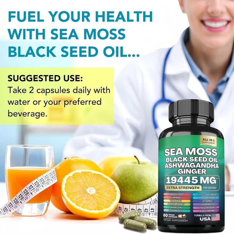 Sea Moss Black Seed Oil Ashwagandha Ginger Capsules with Turmeric Bladderwrack Burdock & Vitamin C Vitamin D3 with Elderberry Manuka Dandelion Yellow Dock Iodine Chlorophyll ACV