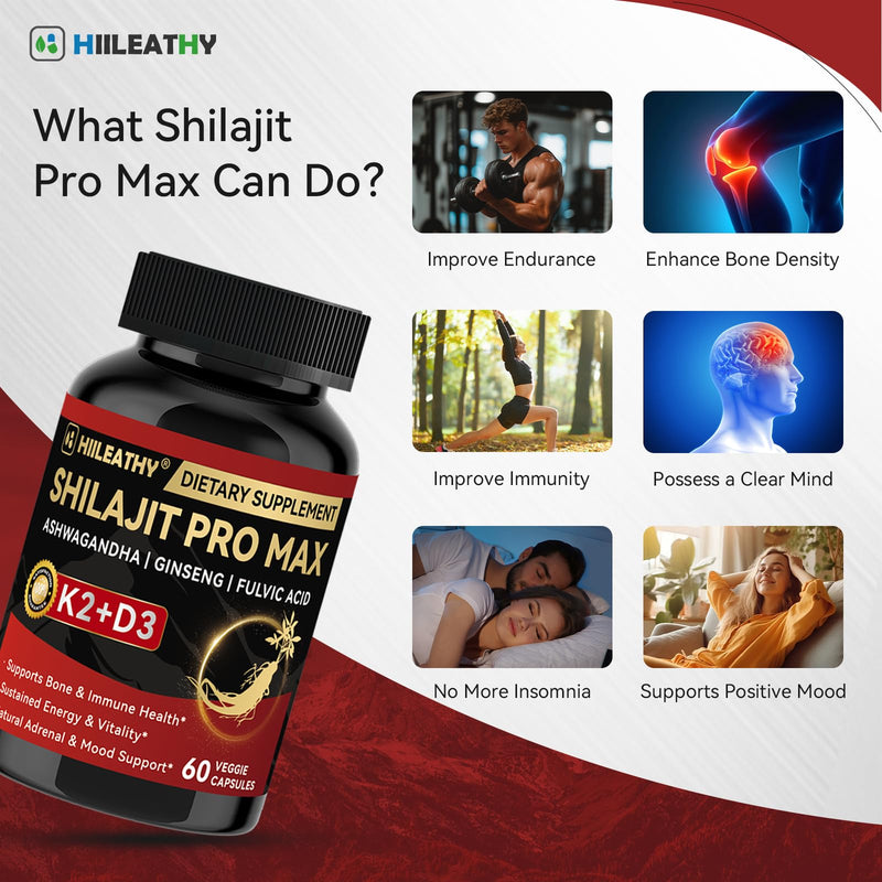 2 Pack Shilajit for Men Women, Shilajit w/Vitamin D3 K2, Shilajits for Men w/Fulvic Acid Ashwagandha, Shilajits for Extra Power Stamina Immune Support, Non-GMO Made in US 60 Capsules 2