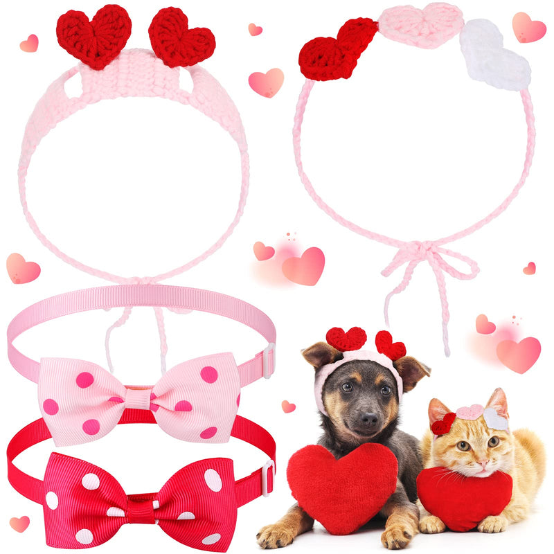 2Pcs Valentines Day Heart Headband for Cat and 2Pcs Pet Neck Bow Cat Valentines Day Headband with Ear Holes and Chin Straps Adjustable Dog Bow Tie Valentines Pink Red Heart Headband for Dogs Cats Pets - BeesActive Australia