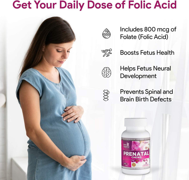 Nutri Supreme Prenatal Vitamin, Chewable Prenatal Vitamins for Women with 800 MCG of Folate, Complete Pregnancy Multivitamin with Iron, Kosher, Cherry Flavor, 90 Count Chewables- 90 Count