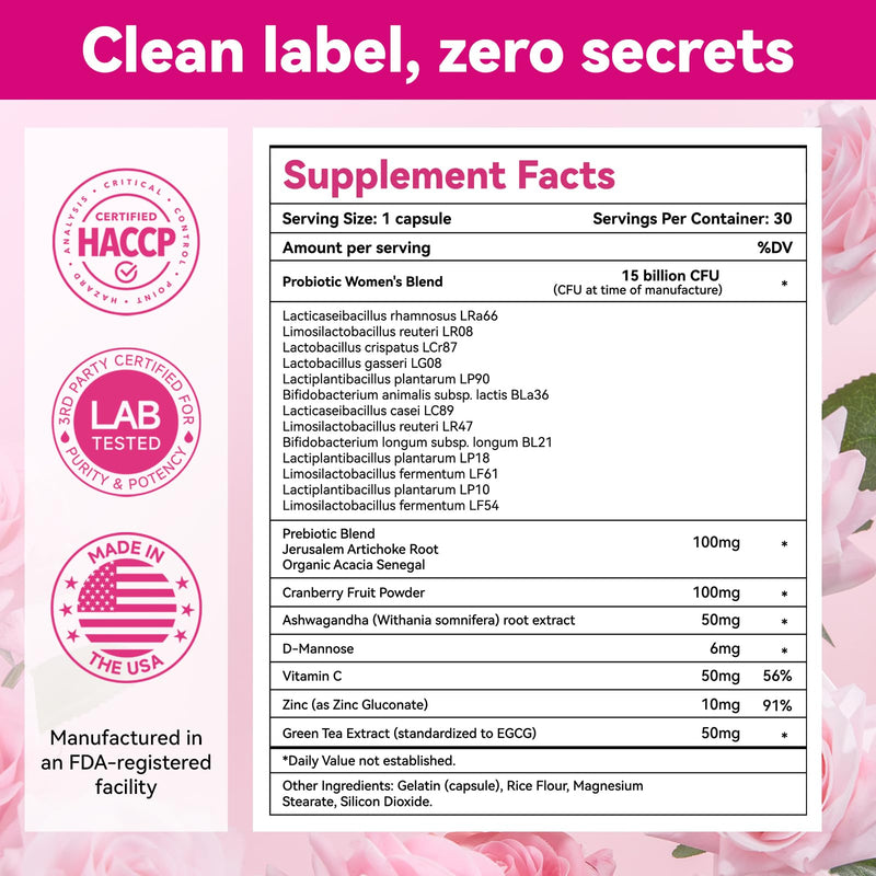 Women's Probiotics 15 Billion CFU - 14 Strains for Vaginal, Urinary & Digestive Health Support - Daily Supplement with Cranberry, D-Mannose, Ashwagandha & Prebiotics - Shelf Stable, 30 Capsules