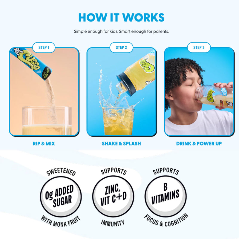 Kids Electrolytes Hydration Packets with No Added Sugar | Immunity Boosting Vitamins C, D, B & Zinc & Monk Fruit (15 Servings) (Apple Flavor)