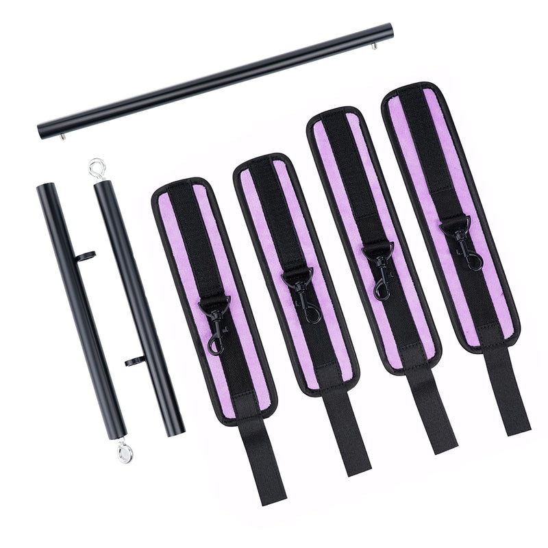 Spreader Bar Heavy Duty Stainless Steel Expandable Home Gym with 4pcs Furry Purple Adjustable Strap,Sports Aid Training Fitness Gear Pilates Aid Kit,Indoor Yoga Set Black+Purple Furry Kit