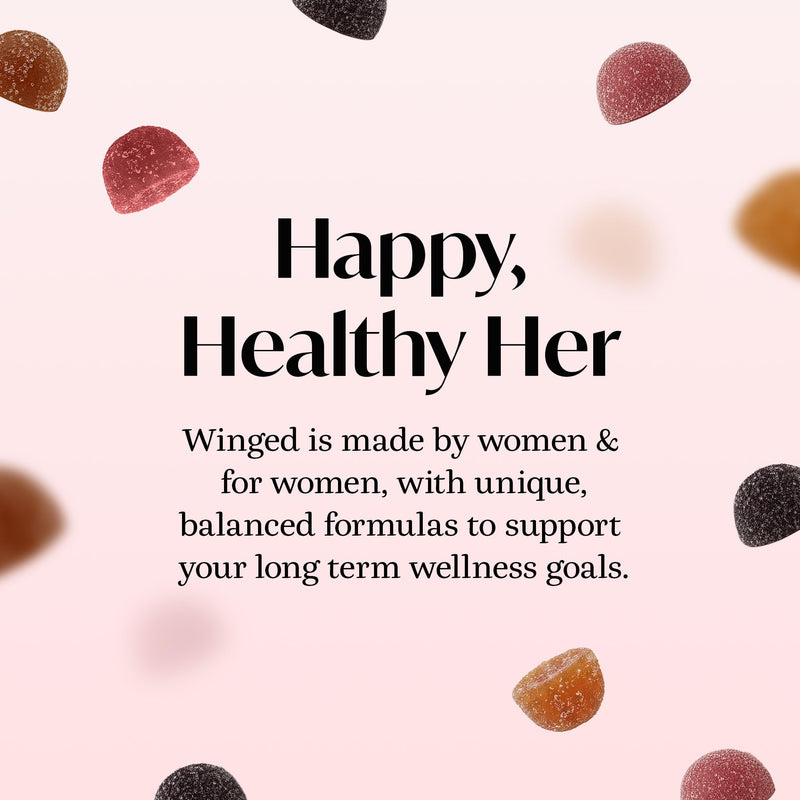 Winged Wellness Happy Her, Daily Mood Support Gummies for Women, 60 Gummies | Daily Mood Enhancer Vegan Supplement - Saffron, L-Tyrosine, Lemon Balm, & Lions Mane Mushrooms for Balance & Calming Relief 60 Count (Pack of 1)