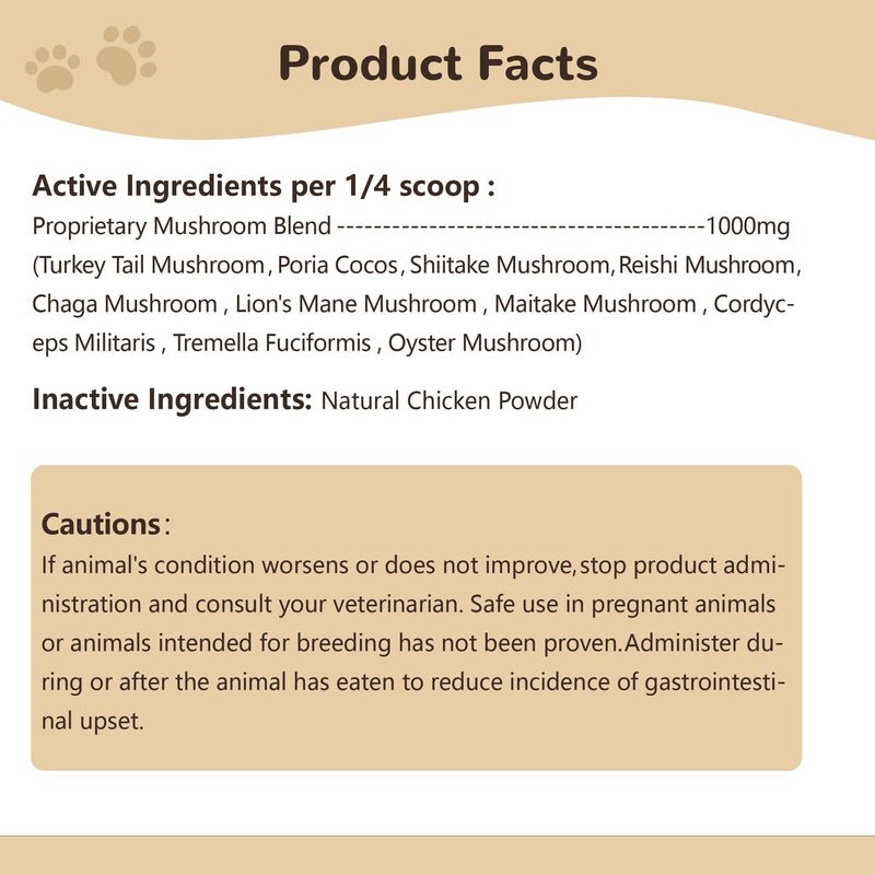 Organic Turkey Tail Mushroom for Large Dogs - Over 50% Beta Glucan - 10-in-1 Mushroom Powder for Immune & Gut Support - Dog Mushroom Supplements for Lumps and Bumps - Chicken Flavor, 200g 200 g