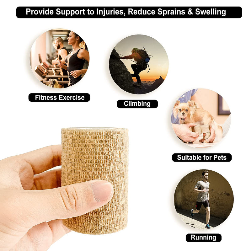 Self Adhesive Bandage Wrap(12 Pack, 3 Inch x 5 Yards), First Aid Medical Cohesive Bandage Tape, Breathable Elastic Sports Athletic Tape Wrap for Ankle, Wrist, Knee, Foot Sprains & Swelling(Tan) Brown - BeesActive Australia