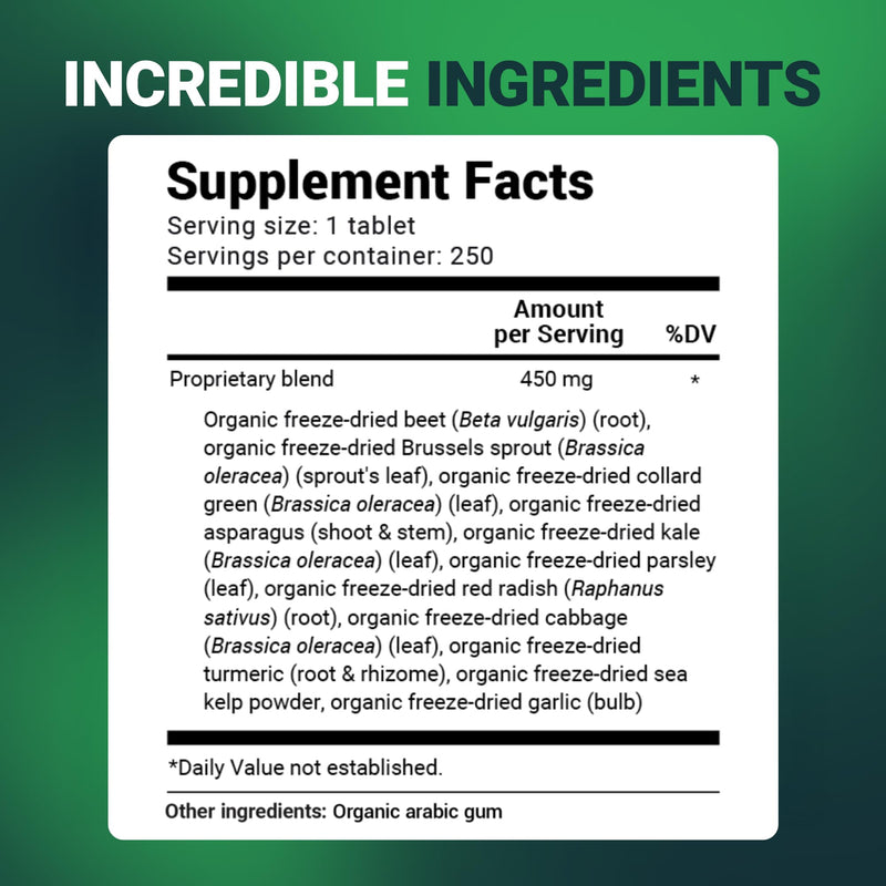 Dr. Berg's Greens Superfood Cruciferous Vegetable Tablets - Vegetable Supplements for Adults w/ 11 Phytonutrient Super Greens Tablets - Energy, Immune System & Liver Veggie Tablets - 250 Tablets Organic Greens Superfood (250 Tablets)