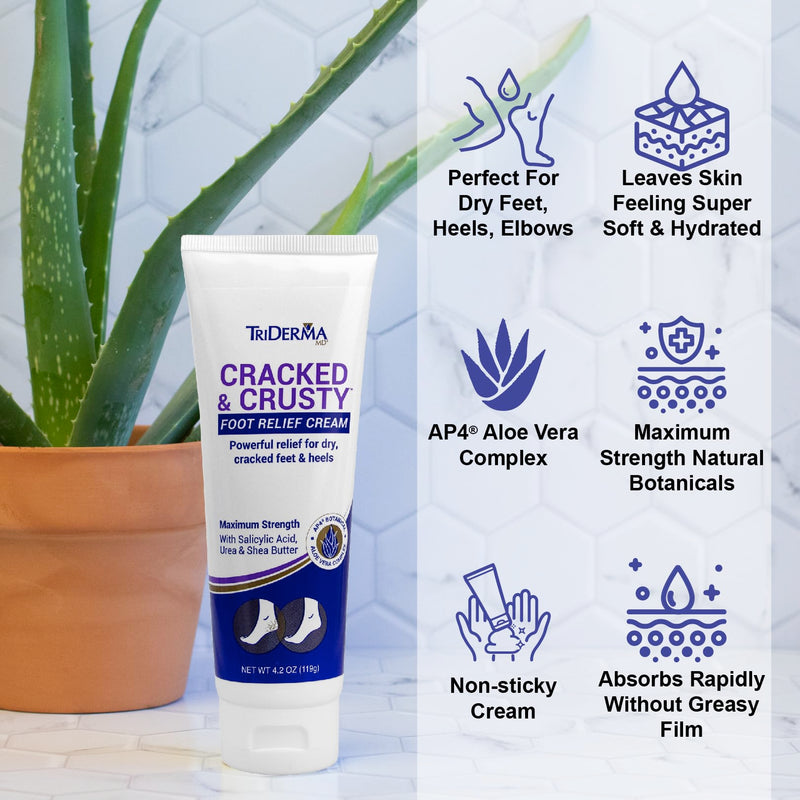 TriDerma Cracked & Crusty™ Healthy Foot Cream Moisturizes, Softens and Heals Dry Feet, Cracked Heels and Dry Elbows with Salicylic Acid, Urea, Shea Butter, AP4 Aloe and Vitamins, 4.2 Ounces