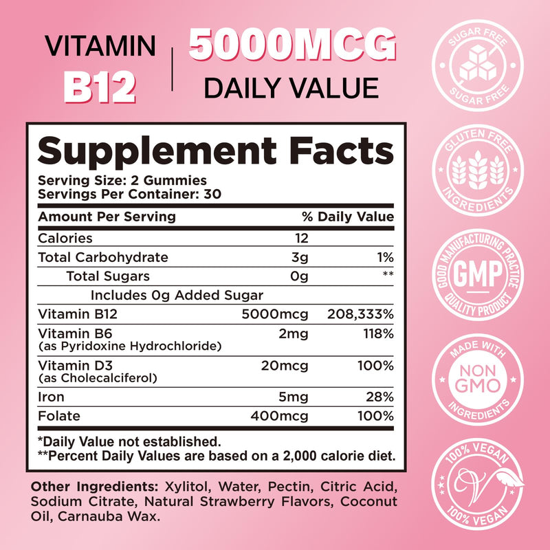 2 Pack Vitamin B12 Gummies for Women & Men, 5000mcg Methyl B12 Gummies with Vitamin B6, D3, Iron, Folate for Adults, Supports Energy & Metabolism Boost, Mood, Immune & Nervous System, Sugar Free Strawberry 60 Count (Pack of 2)