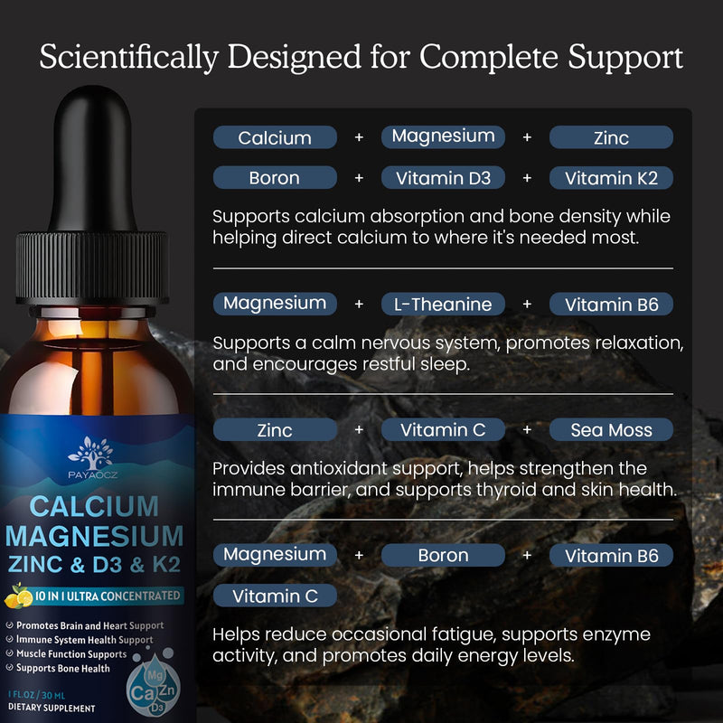 (4 Pack) 10 in 1 Calcium Magnesium Zinc Supplement, Magnesium Glycinate Complex Liquid Drops with Vitamin D3 K2 B6, Vegan Calcium Citrate Bone & Immune Health Support, Sleep & Cramps, Boron, 1 Fl Oz Lemon 1 Fl Oz (Pack of 4)