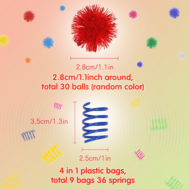 SEVENKA Cat Toys 30 Pcs Color Flash Balls and 36 Spring Toys, 1.1in Small Soft Cat Toy Ball Tinsel Pom Poms, Kitten Toys, Plastic Spiral Springs for Cat Swatting, Biting, Hunting, Active Healthy Play 30 Flash Balls & 36 Springs - BeesActive Australia