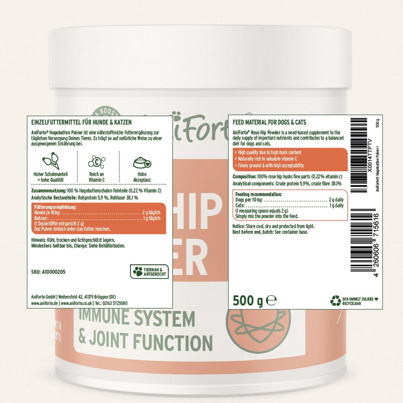 AniForte Rosehip Powder for Dogs and Cats 250g - 100% Finely Grounded Rose Hips, Rich in Natural Vitamin C, Supports & Maintains Immune System & Joint Health