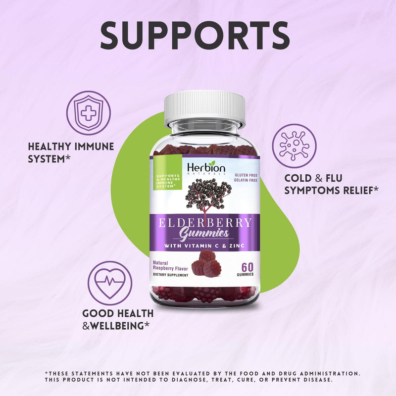 HERBION Elderberry Gummies with Vitamin C & Zinc - Healthy Immune System Support - Gluten-Free & Gelatin-Free - 60 Gummies for Adults & Children 4 Years & Above - Made in USA, 60 Count (Pack of 1) 1 Count (Pack of 1)