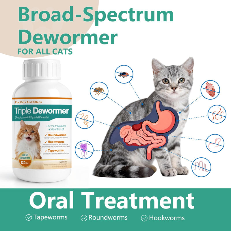 Cat Dewormer Liquid - Triple Dewormer with Pyrantel Pamoate & Praziquantel for Tapeworms, Roundworms & Hookworms, Easy-to-Give Broad-Spectrum Liquid for Cats,120 mL (4.2 fl oz)
