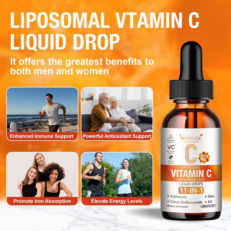 1 Packs Liposomal Vitamin C 2000mg Liquid Drop, High Absorption VC Complex Rose Hips with Echinacea, Citrus Bioflavonoids, Zinc, Vitamin D3 for Immune System & Antioxidant,2 FL Oz 2 Fl Oz (Pack of 1)