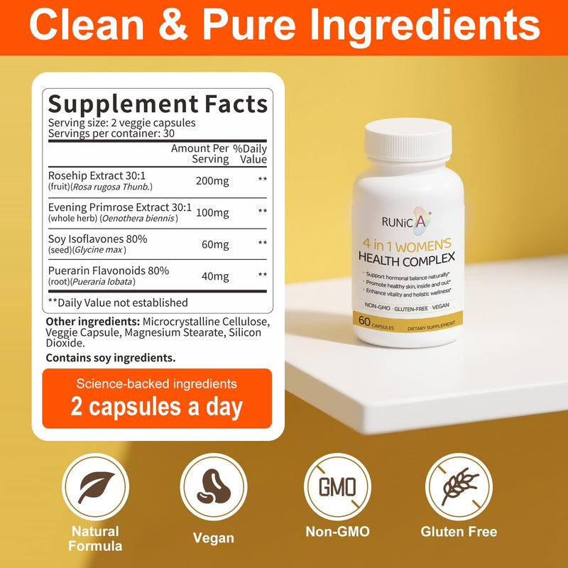 4-in-1 Women‚Äôs Hormonal Balance Complex Supplement | Rosehip, Pueraria & Evening Primrose with Soy Isoflavones | Menstrual Cycle, Menopause, Energy Level & Healthy Skin Support 30-Day Essentials Pack