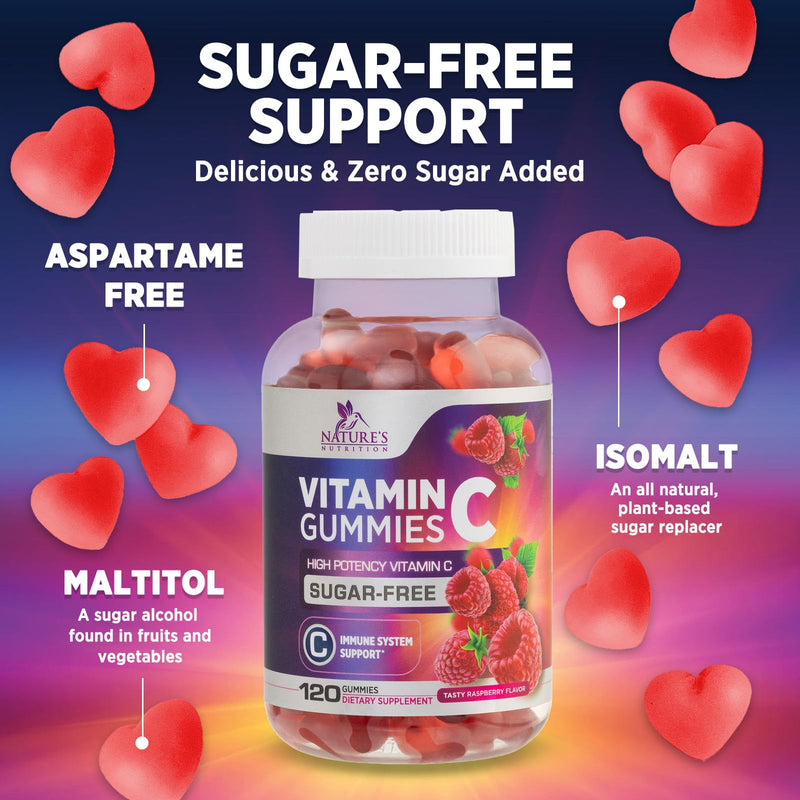 Zero Sugar Vitamin C Gummies - Immune Support & Antioxidant VitaminC Dietary Supplement - Vegan, Non-GMO, Dairy & Gluten Free C Vitamin Gummy - Raspberry Flavor for Kids & Adults - 120 Count Gummies 120 Count (Pack of 1)