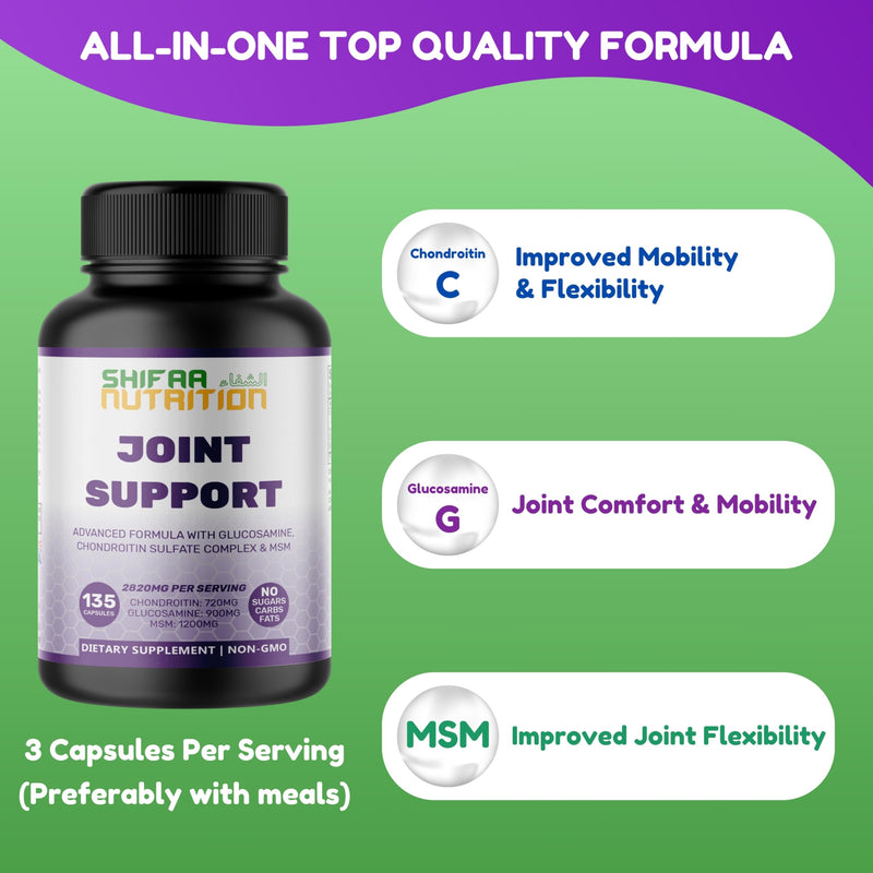 SHIFAA NUTRITION Halal Joint Support Supplement for Men & Women. Glucosamine Chondroitin MSM for Mobility, Cartilage Repair & Joint Comfort, Back & Knee Pain Relief. Non-GMO, Gluten-Free. 135 Capsules 135 Count (Pack of 1)
