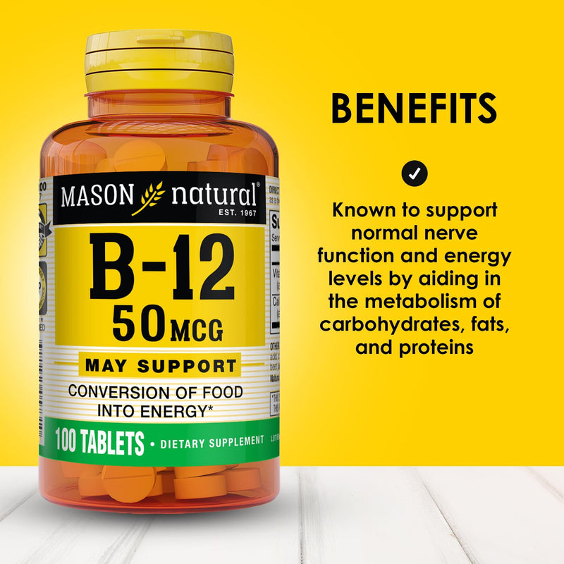 MASON NATURAL Vitamin B12 50 mcg with Calcium, 100 Day Supply | 50mcg B12 (cyanocobalamin) with 44mg calcium to support normal nerve function & natural energy levels; 100 tablets