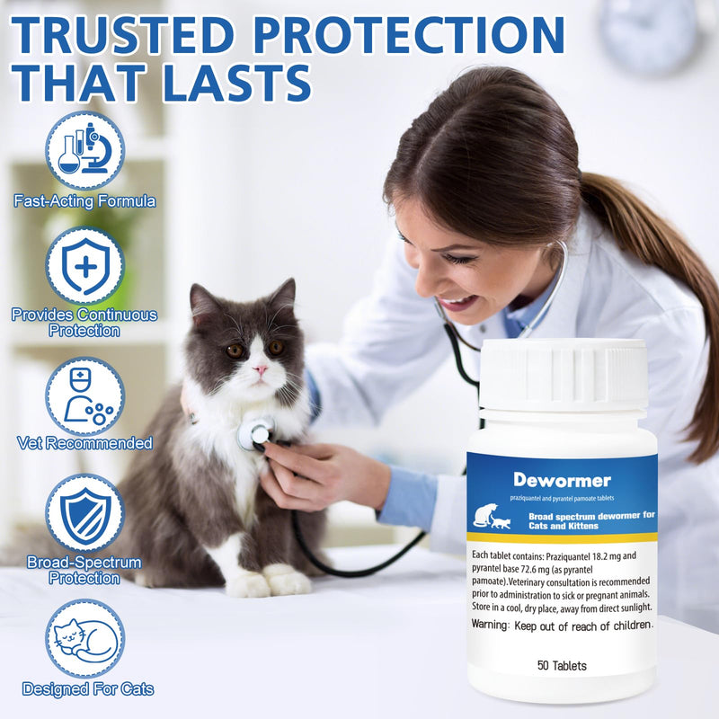Broad-Spectrum Dewormer for Cats & Kittens, 50 Tablets, for Tapeworms, Hookworms & Roundworms