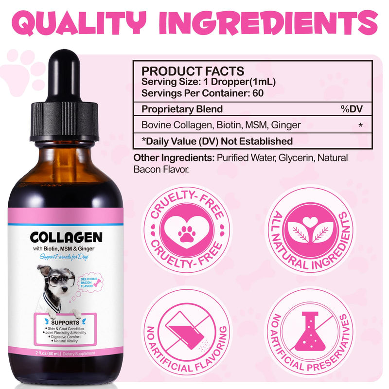 Collagen for Dogs (60ml), Dog Collagen Drops with Biotin, MSM - Supports Joint Health, Skin, Coat & Immunity – Tasty Bacon-Flavored Liquid Supplement for All Breeds & Sizes (60ml(Pack of 1)) 60ml(Pack of 1)