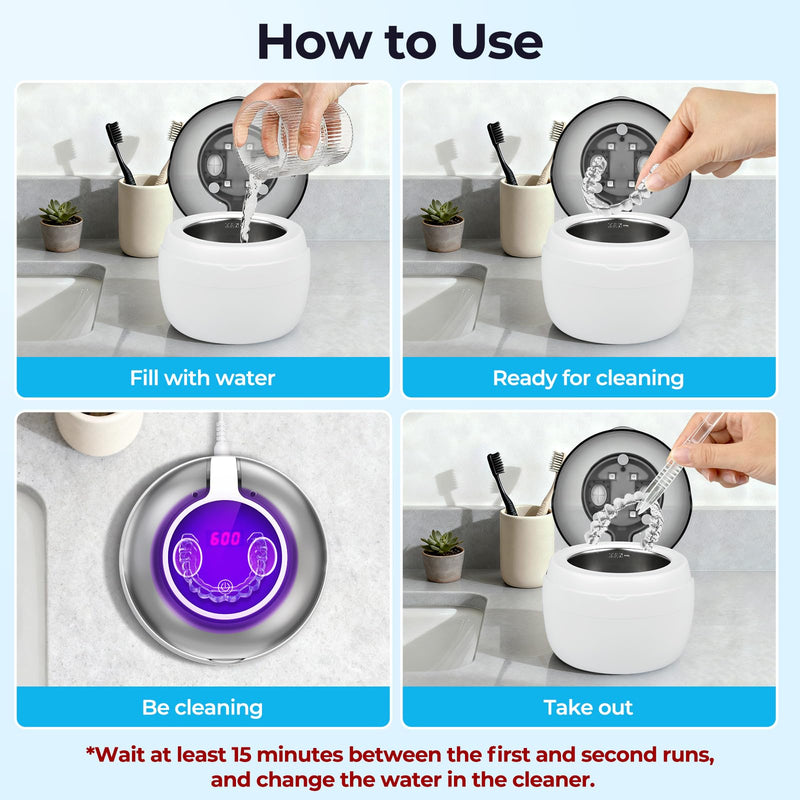 Ultrasonic Retainer Cleaner Machine, Denture Cleaner for Mouth Guard, Night Guard, Aligner, Dentures, Jewelry, Toothbrush Heads, 45kHz 250ML UV Ultrasonic Denture Ultra Sonic Cleaning for Retainers Off White