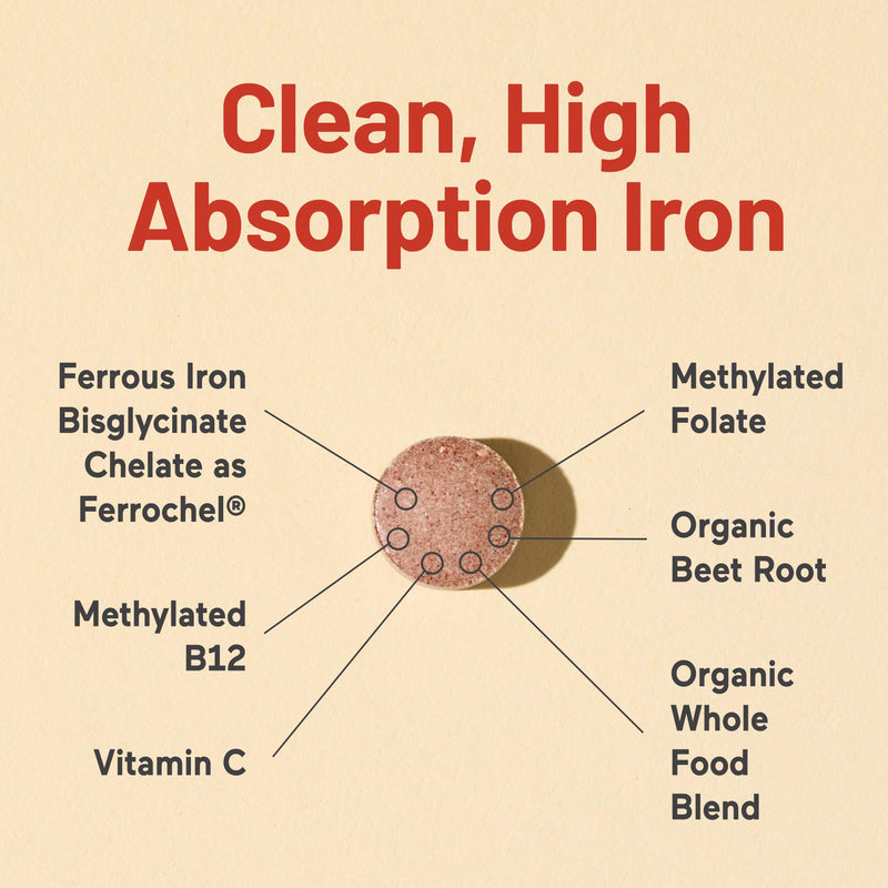 NatureWise Vegan Iron Supplement for Women & Men - Gentle on Stomach High Absorption - Coated Iron Bisglycinate Tablets + Vitamin C, Methyl B12, Folate & Organic Food Blend - 30 Tablets[30-Day Supply] Unflavored 30 Count (Pack of 1)
