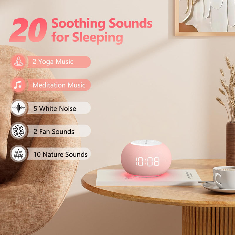 Reacher Auto Dimmable Sound Machine Alarm Clock with Night Lights, 20 Soothing Sounds, Sleep Timer, Precise Volume Control, Cute White Noise Soother for Girls, Kids, Bedrooms, Office Pink