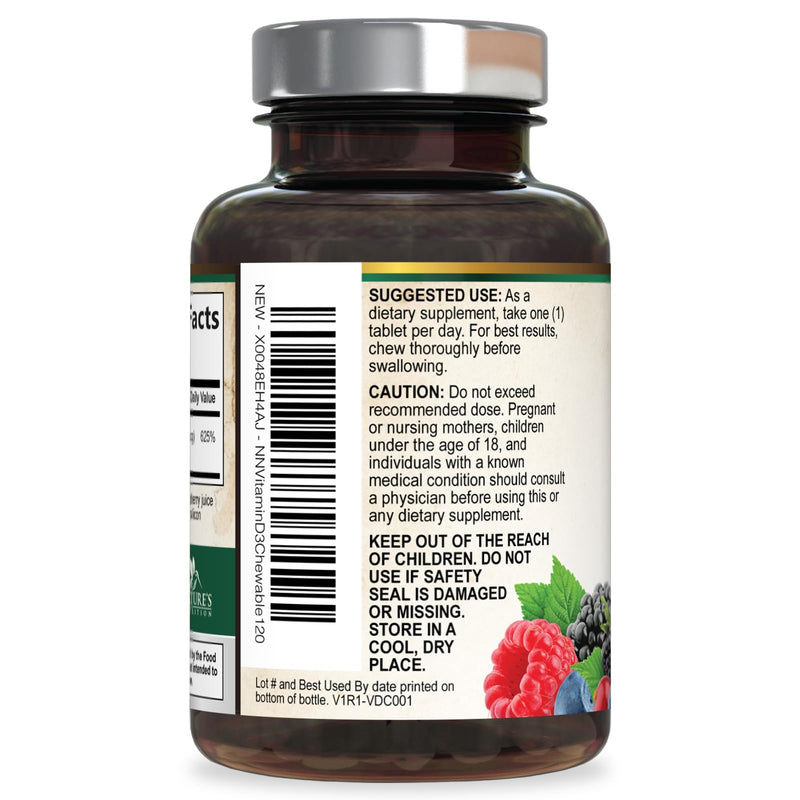 Vitamin D3 5000 IU (125 mcg) Per Serving - Extra Strength Vitamin D Chewable for Immune Support Health - Bone, Teeth and Muscle Supplements - Sugar Free, Gluten Free, USA Bottled - 120 Count Tablets 120 Count (Pack of 1)