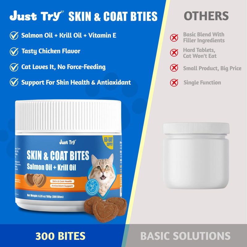 Just Try 300 Bites Skin and Coat Healthy Cat Vitamins for Indoor Cats Omega 3 for Cats Salmon Oil Supplements- Cat Itchy Skin Relief