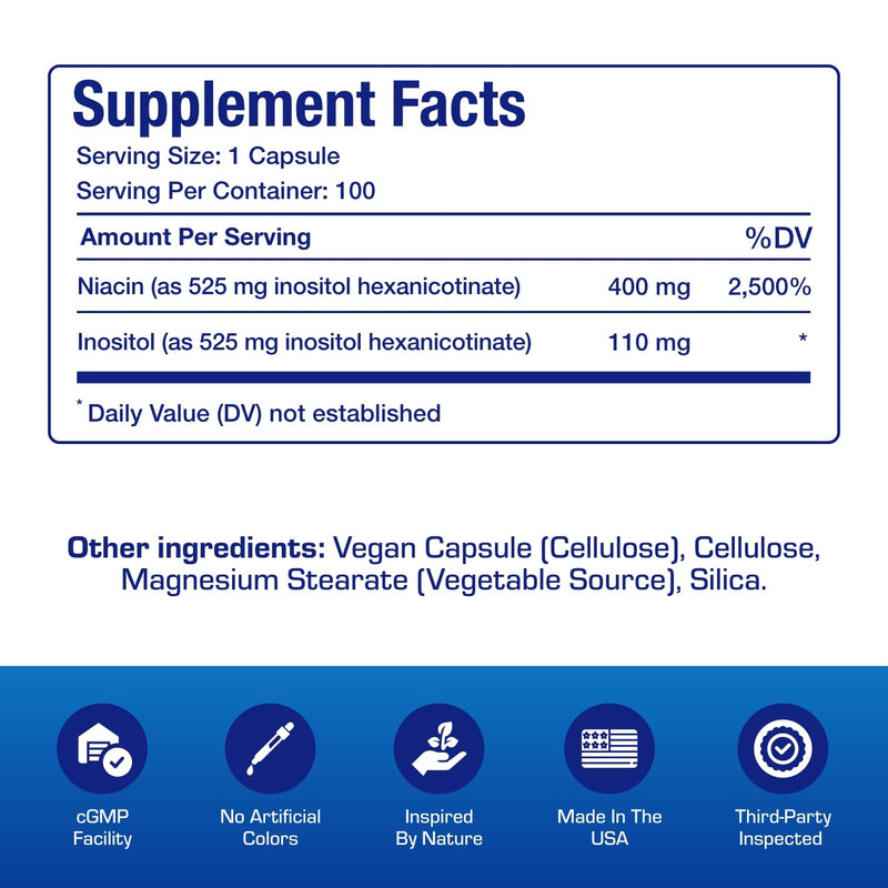 High Absorption Vitamin B3 Niacin Flush Free - Clinical Formula Flush Free Niacin Supplement from Inositol Hexanicotinate for Heart Skin & Nerve Support - Vegan Non-GMO Made in The USA - 100 Servings