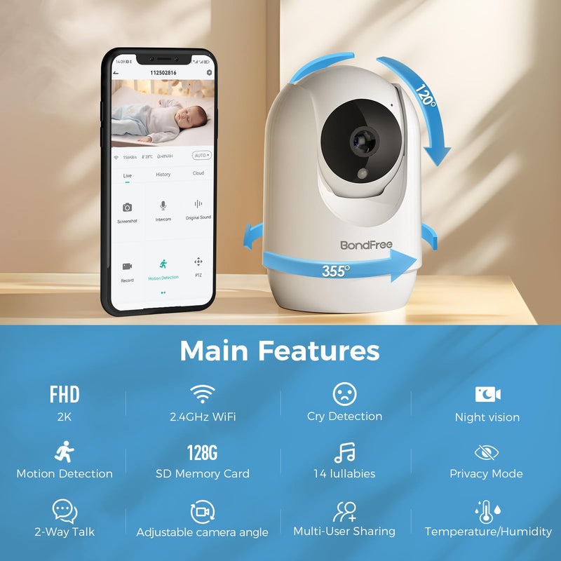 BondFree Baby Monitor with Camera and Audio, 2K Smart Baby Monitor with App,Temperature& Humidity,2-Way Talk,Night Vision,14 Lullabies,Cry & Motion Detection,4X Zoom-2.4Ghz WIFI Baby Monitor - BeesActive Australia