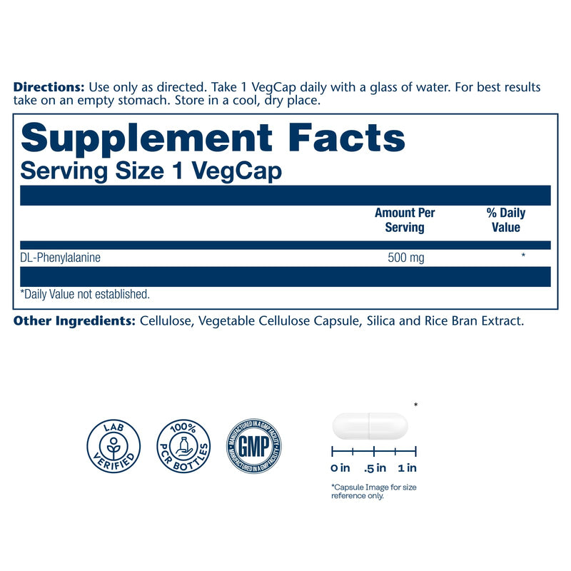 SOLARAY DL-Phenylalanine Capsule Supplements - 500mg DLPA, 50-50 Blend of Essential Amino Acids for Nervous System & Energy Support, for Men and Women - 60 Count VegCaps | 500mg DLPA, 50-50 Blend of Essential Amino Acids for Nervous System & Energy Sup...