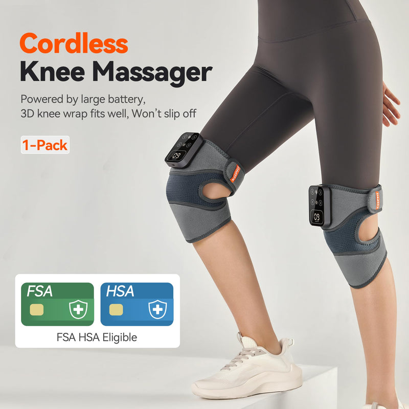 Cordless Knee Massager with Heat Vibration for Pain Relief, MAXwarm 4.0[2026 Upgraded] - Electric Heated Knee Brace with 5 Heat Levels and 3 Massage Mode, Gifts for Men Women (Grey, Single) Grey(single) - BeesActive Australia