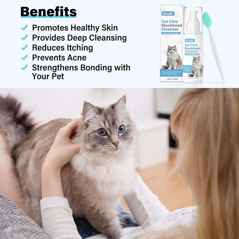 Cat Black Seed Cleaner Kit,120ml Remove Cat Chin Blackheads Gentle & Effective Acne Chin Treatment 2-in-1 Wash and Black Seed Brush Soft Silicone Cat Grooming Scraper Brush 120ml