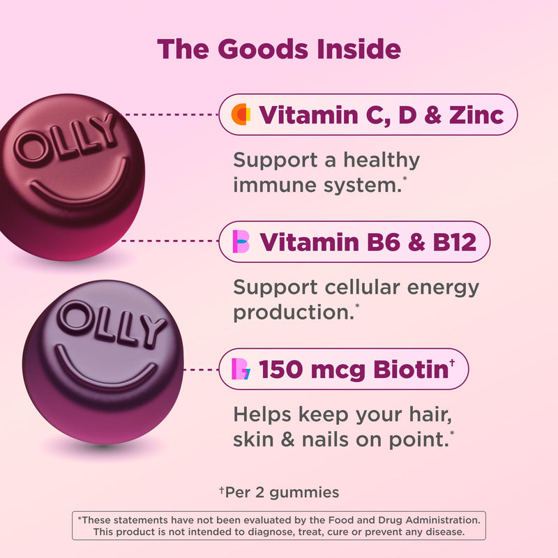 OLLY Women's Multivitamin, Supports Overall Wellness,* Biotin - 90 Count Berry 90 Count (Pack of 1)